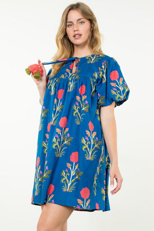 THML Women's Dresses Puff Sleeve Flower Print Dress