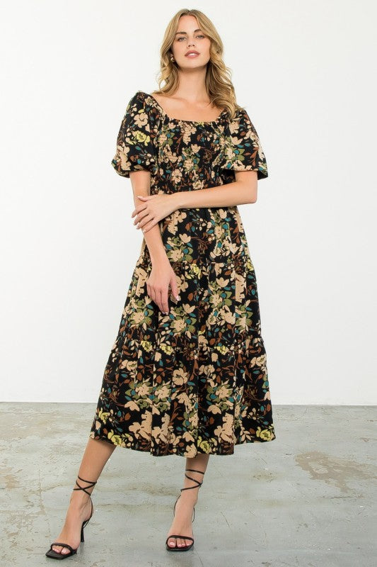 THML Women's Dresses Puff Sleeve Smocked Floral Dress