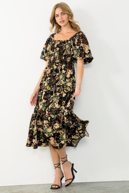 THML Women's Dresses Puff Sleeve Smocked Floral Dress