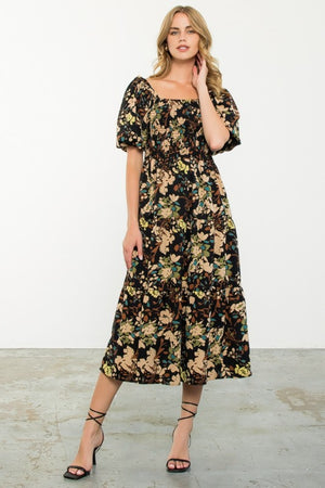 THML Women's Dresses Puff Sleeve Smocked Floral Dress