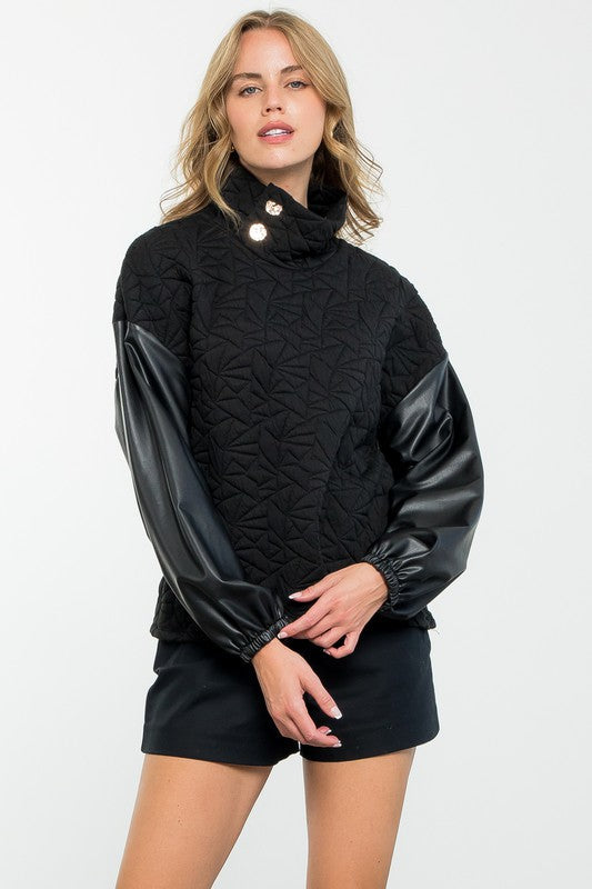 THML Women's Sweaters Leather Sleeve Textured Top || David's Clothing