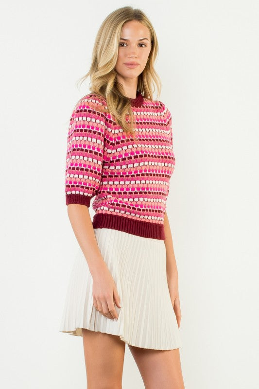THML Women's Sweaters Textured Stripe Puff Sleeve Knit Top