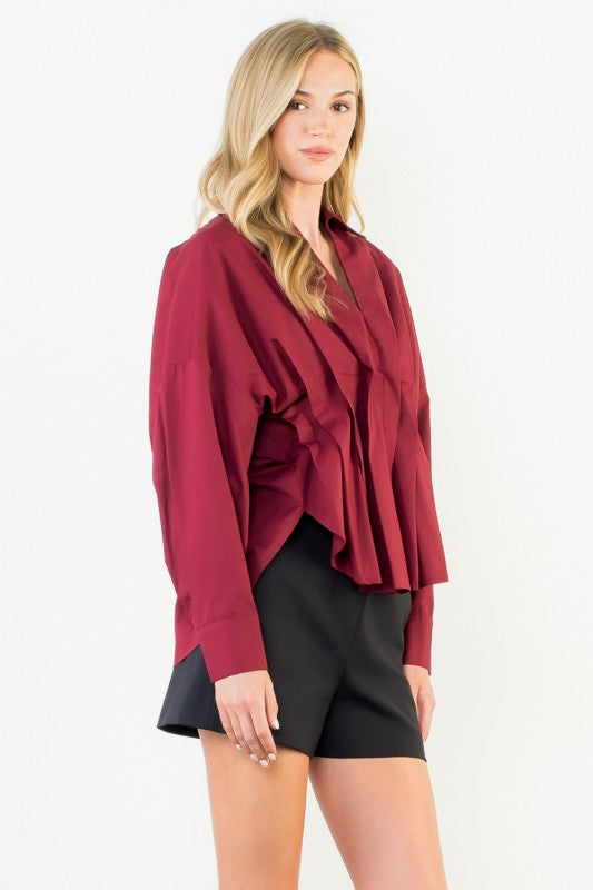 THML Women's Top Collared Long Sleeve V-neck Top