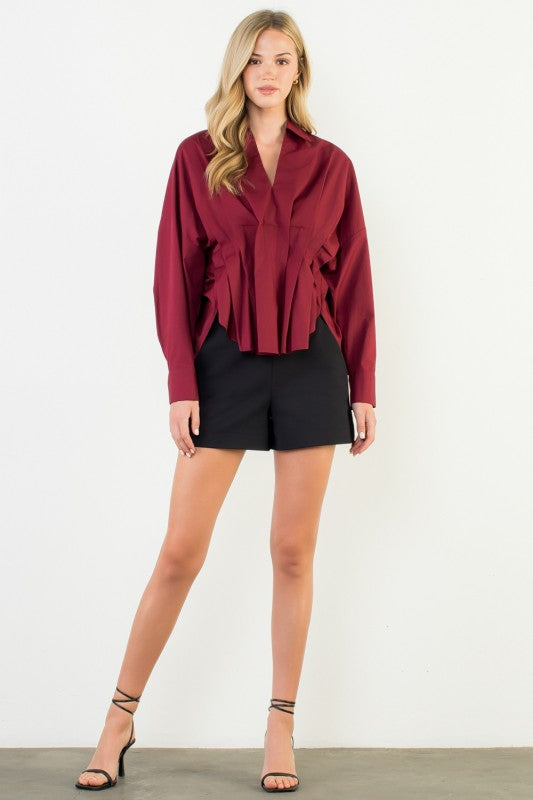 THML Women's Top Collared Long Sleeve V-neck Top