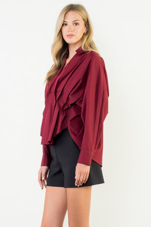 THML Women's Top Collared Long Sleeve V-neck Top