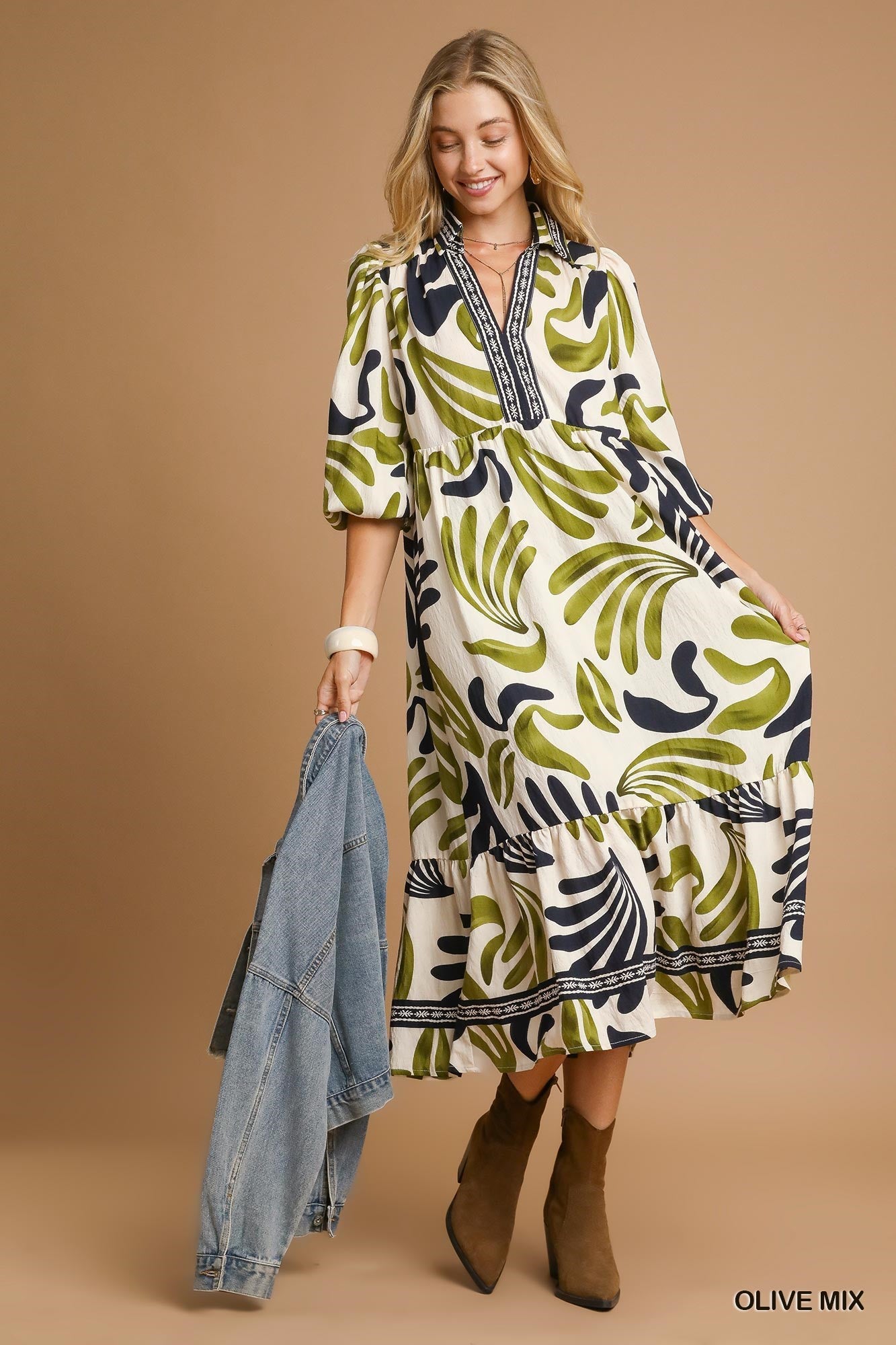 UMGEE USA Women's Dresses Boho Leafy Print Maxi Dress  || David's Clothing