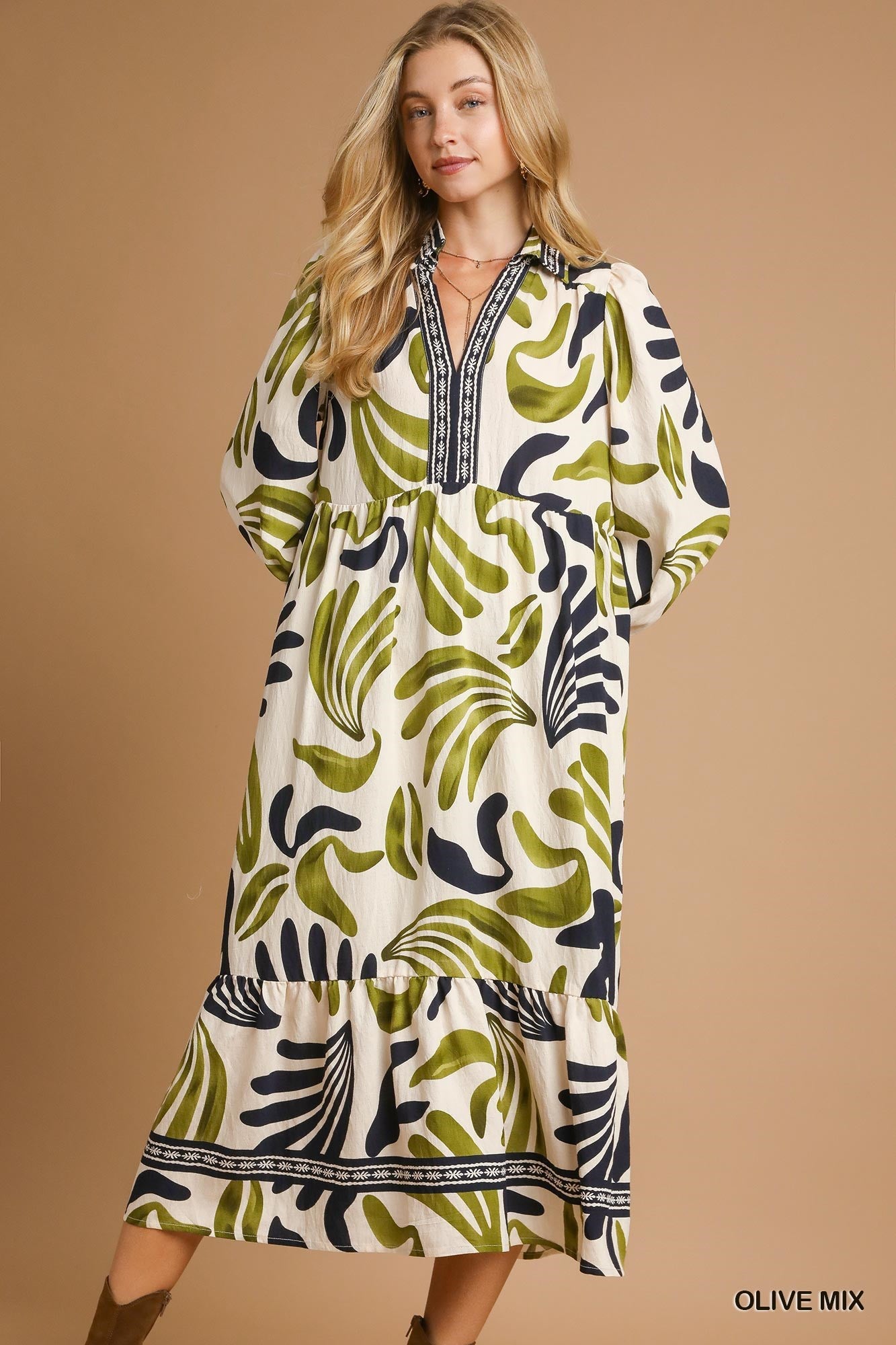 UMGEE USA Women's Dresses Boho Leafy Print Maxi Dress  || David's Clothing