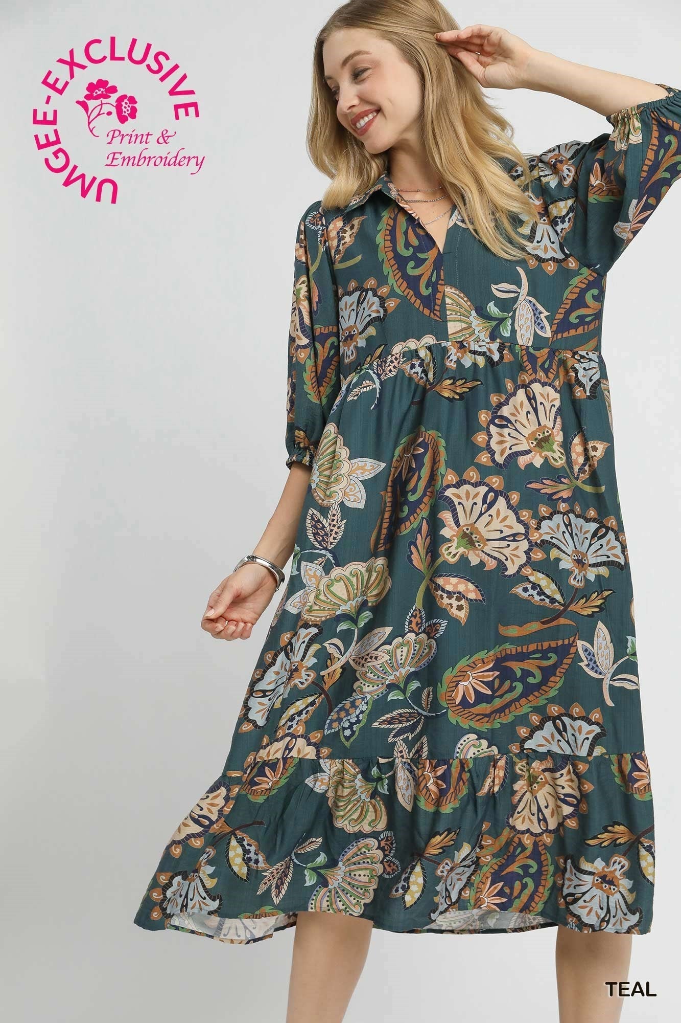 UMGEE USA Women's Dresses Boho Paisley Tiered Midi Dress || David's Clothing