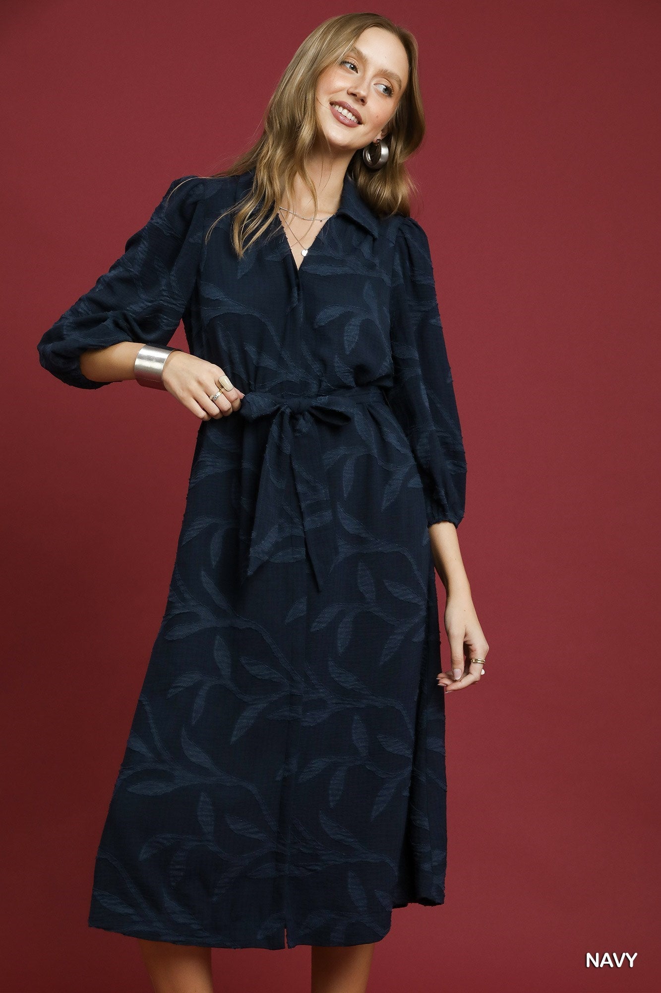 UMGEE USA Women's Dresses Jacquard Midi Dress with Waist Tie || David's Clothing
