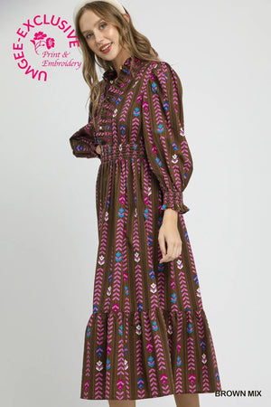 UMGEE USA Women's Dresses Striped Floral Print Midi Dress with Ruffle Collar