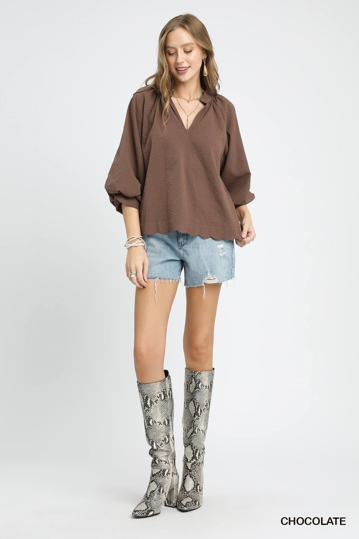 UMGEE USA Women's Top Split V Neck Top with Balloon Sleeves || David's Clothing