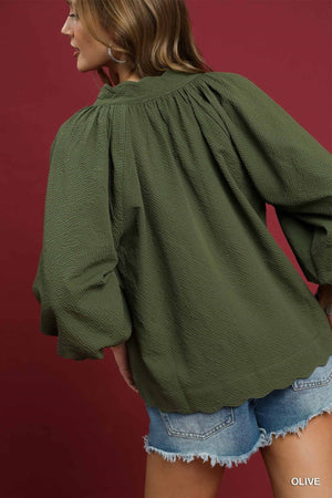UMGEE USA Women's Top Split V Neck Top with Balloon Sleeves || David's Clothing