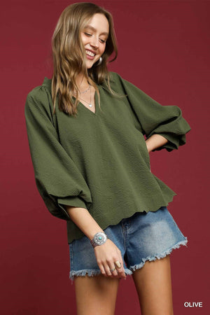 UMGEE USA Women's Top Split V Neck Top with Balloon Sleeves || David's Clothing