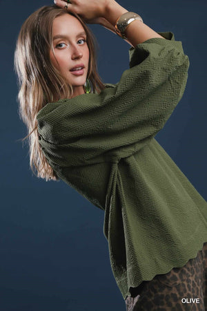 UMGEE USA Women's Top Split V Neck Top with Balloon Sleeves || David's Clothing