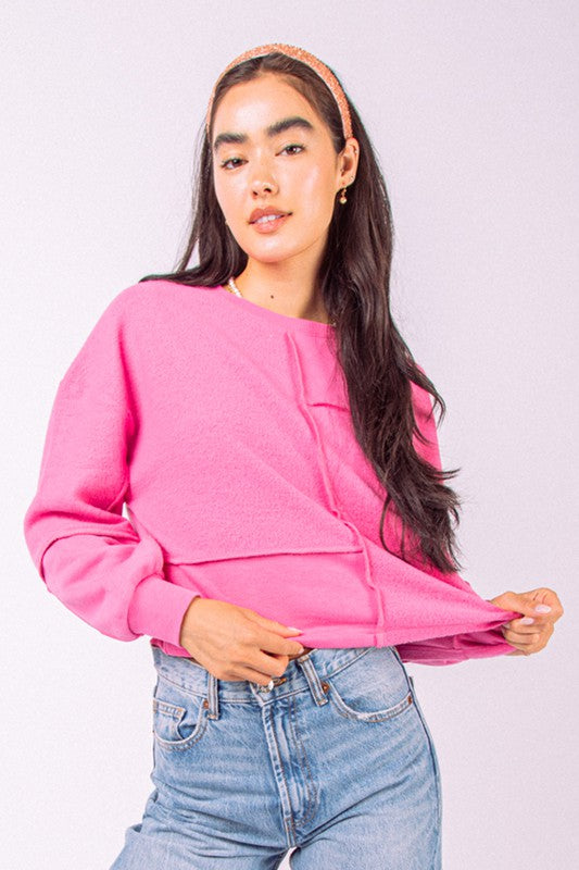 VERY J Women's Sweaters PINK / S Soft Fleece Brushed French Terry Top || David's Clothing NT11254