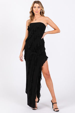 VINTAGE STORE Women's Dresses Tube Mesh Frilled Slit Side Dress