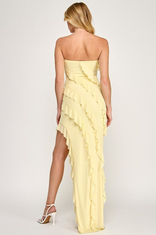 VINTAGE STORE Women's Dresses Tube Mesh Frilled Slit Side Dress