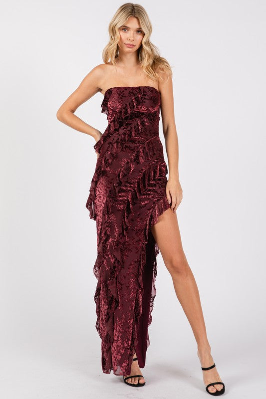 VINTAGE STORE Women's Dresses Velvet Floral Print Mesh Ruffled Long Dress || David's Clothing