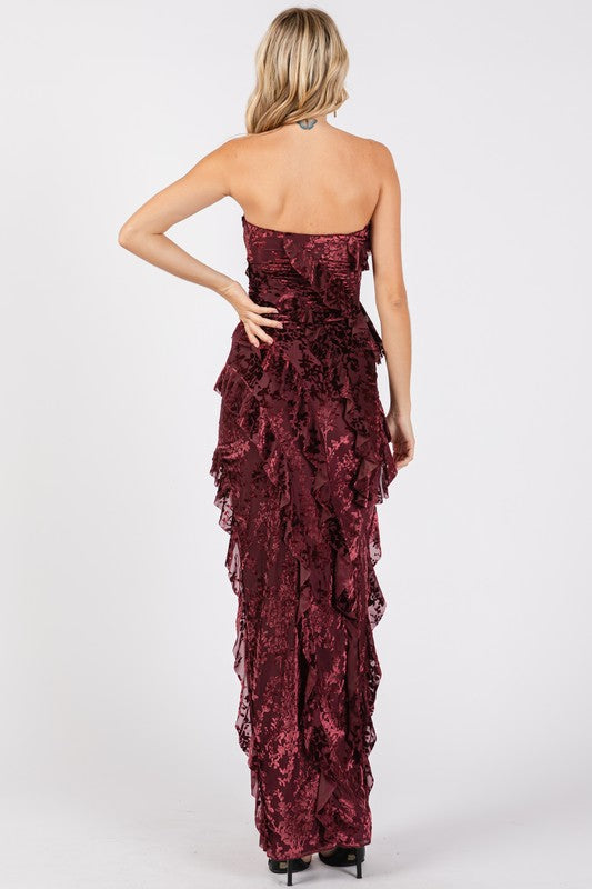 VINTAGE STORE Women's Dresses Velvet Floral Print Mesh Ruffled Long Dress || David's Clothing