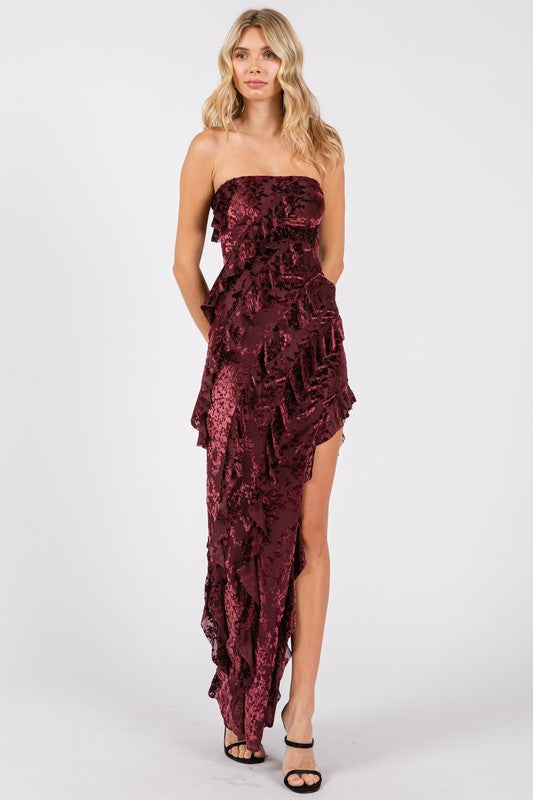 VINTAGE STORE Women's Dresses Velvet Floral Print Mesh Ruffled Long Dress || David's Clothing