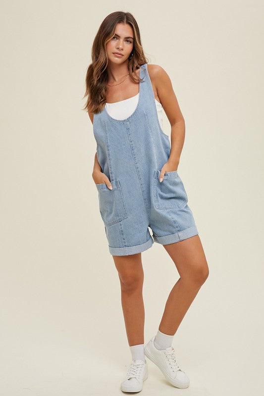 WISHLIST Women's Romper Cotton Denim Seam Detail Romper || David's Clothing