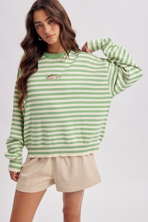 WISHLIST Women's Sweaters PISTACHI / S Striped Fish Coastal Graphic Sweater WL26-13524