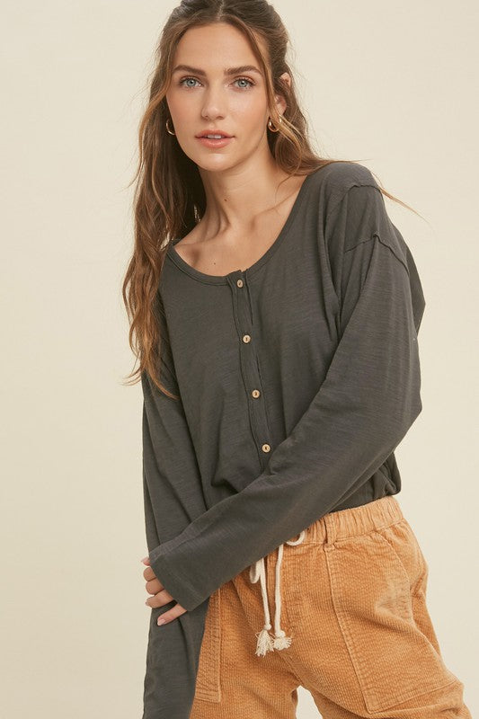 WISHLIST Women's Top CHARCOAL / S Button-Up Cotton Slub Top || David's Clothing WL21-5867
