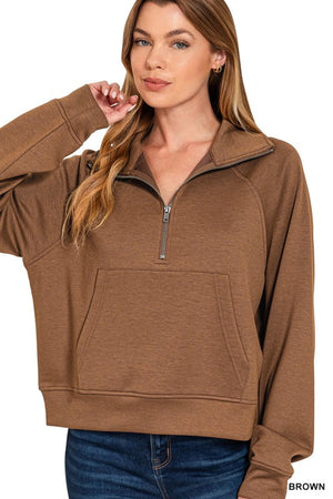 ZENANA Women's Pullovers Scuba Half Zip Pullover With Kangaroo Pocket