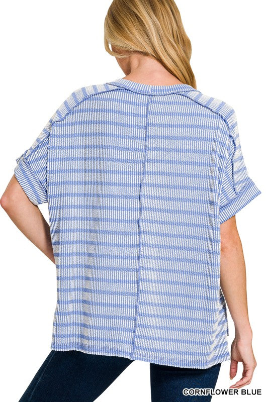 ZENANA Women's Top CORN BLUE / S Raised Rib Striped Exposed Seam Top RTL-8627A5