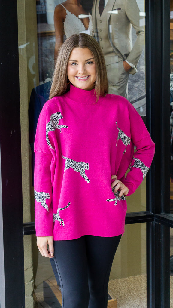 ENTRO INC 20-Women's Sweaters HOT PINK / S Cheetah Print Knit Sweater || David's Clothing T19499