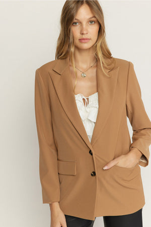 ENTRO INC Women Jackets CAMEL / S Button Front Blazer || David's Clothing J18966