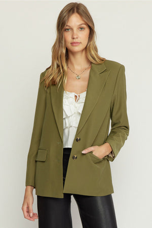 ENTRO INC Women Jackets OLIVE / S Button Front Blazer || David's Clothing J18966