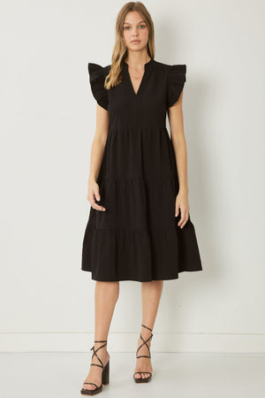 ENTRO INC Women's Dress BLACK / S V-Neck Short Sleeve Tiered Midi Dress || David's Clothing D18817
