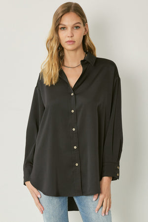 ENTRO INC Women's Top BLACK / S Satin Button Up Collared Top || David's Clothing T18724A