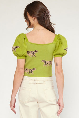 ENTRO INC Women's Top Cheetah Square Neck Puff Sleeve Crop Top || David's Clothing