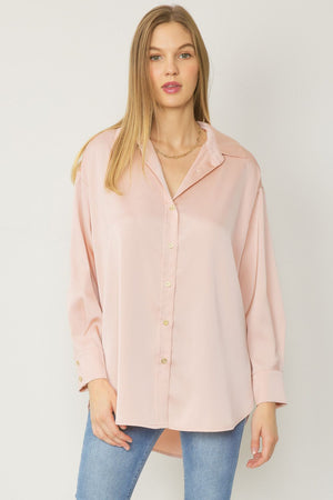 ENTRO INC Women's Top PEACH / S Satin Button Up Collared Top || David's Clothing T18724A