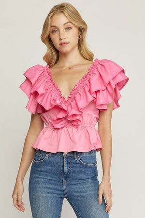 ENTRO INC Women's Top PINK / S Solid V-Neck Short Sleeve Peplum Top || David's Clothing T18516