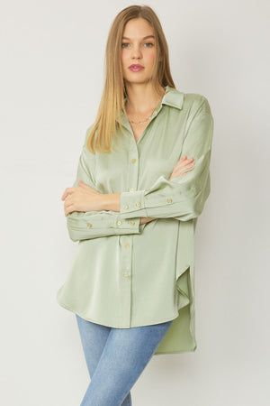 ENTRO INC Women's Top SAGE / S Satin Button Up Collared Top || David's Clothing T18724A
