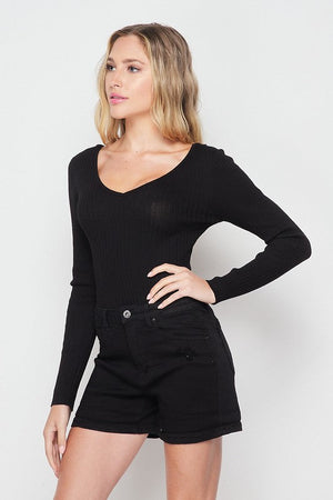 O STYLEHOLIC Women's Top BLACK / S V Neckline Yarn Long Sleeve Body Suit || David's Clothing 9833WN